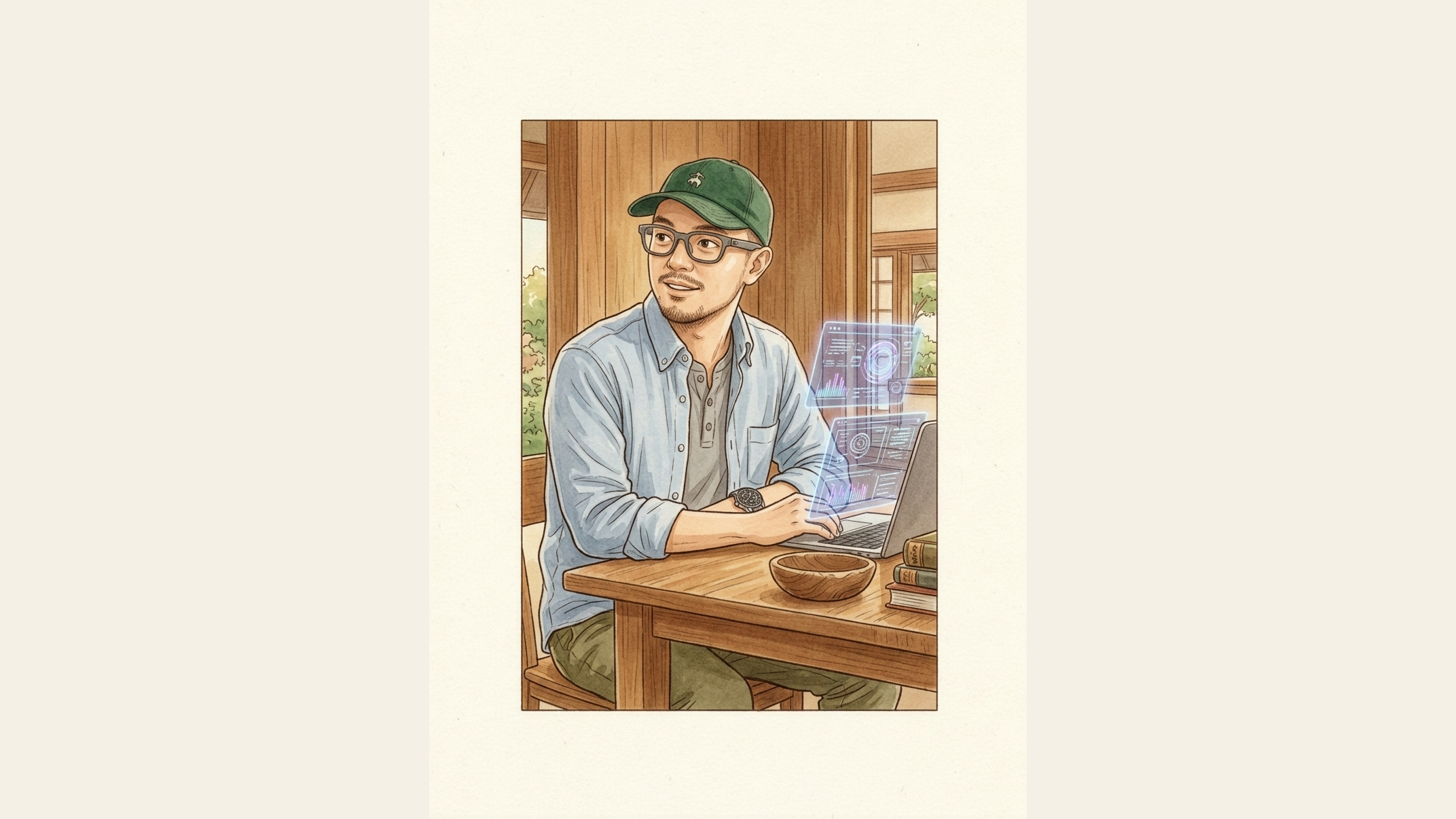 Jay Vergara working with AI holographic interfaces in a cozy workspace